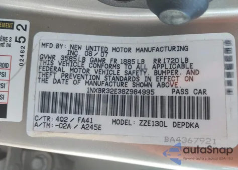 2008 Toyota Corolla Ce from USA, damaged, VIN 1NXBR32E38Z984995